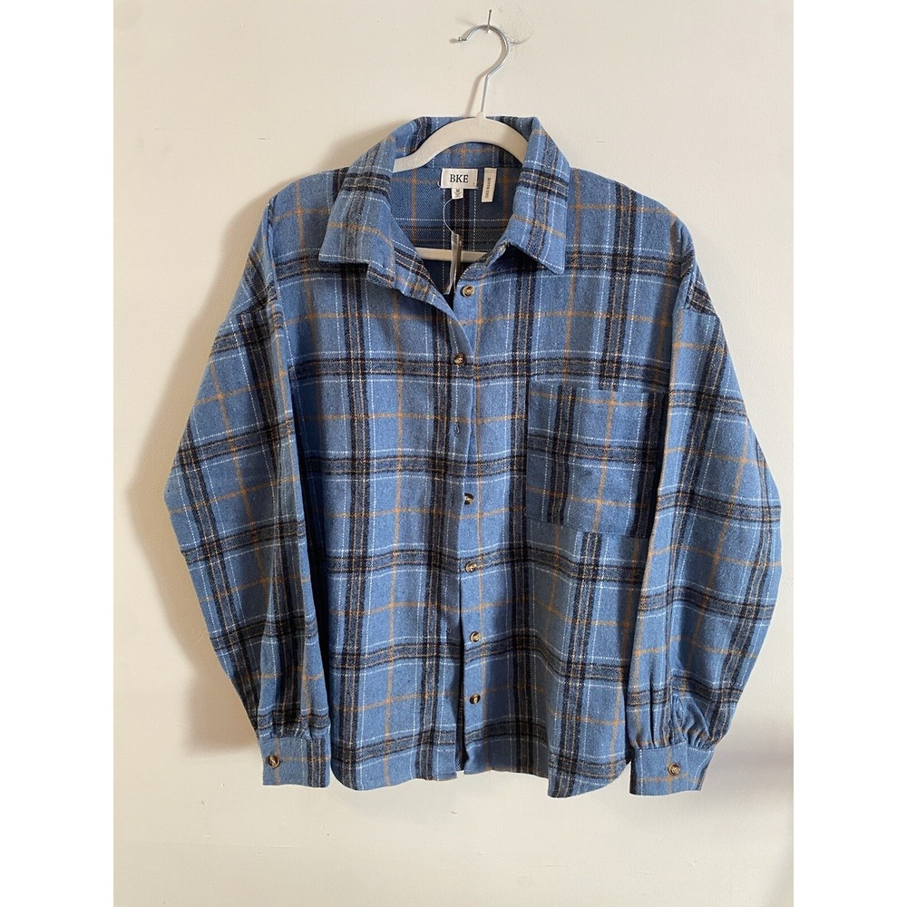 NWT BKE Buckle Shirt Womens M BluePlaid Oversized Boyfriend Flannel Button Up